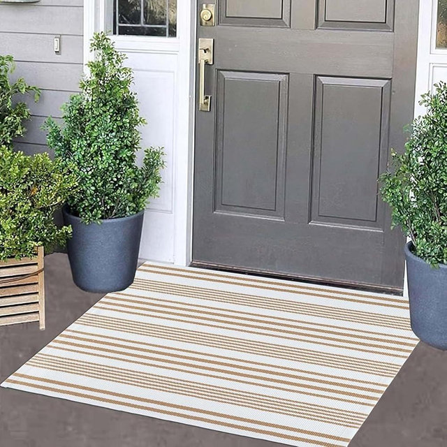 Khaki and White Striped Outdoor Rug 24'' x 35'' Door Mat Outdoor Machine Washable Welcome Mats Cotton Hand-Woven Entryway Rug for Front Porch/Entryway/Laundry/Bathroom/Bedroom