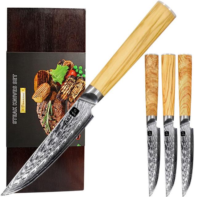 Dnifo Steak Knives, 4Pcs Japanese Damascus Premium Steak Knives Set (Non-Serrated)