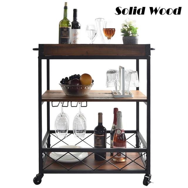 Solid Wood Kitchen cart with 3 - Tier Shelves, Industrial Vintage Style Wood Metal Serving Trolley, Rolling wood serving bar cart with Removable Top Box Container and Lockable Caster, Brown