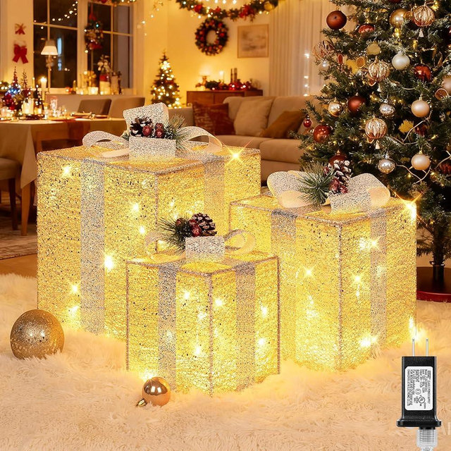 Brightever 10" 8" 6" Set of 3 Christmas Lighted Gift Boxes - Pre-lit 70 LED Plug-in Larger Present Boxes Outdoor Christmas Decorations, Warm White Prelit Xmas Ornaments for Tree Porch Yard Lawn Decor