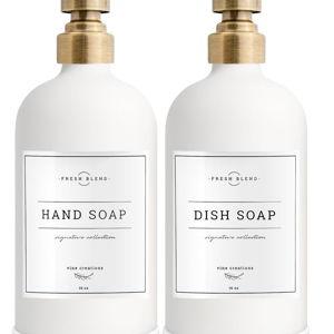 Vine Creations White Glass Soap Dispenser, 2 Pack Kitchen Soap Dispenser Set with Stainless Steel Pump, 16 oz Dish Soap and Hand Soap Dispensers for Bathroom with Waterproof Labels