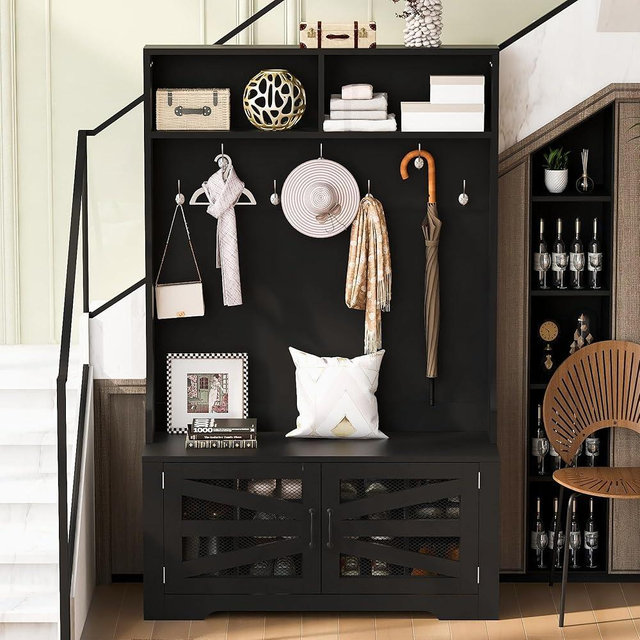 43.3''W Hall Tree with 7 Hooks and Storage Bench, 3-in-1 Design Wood Entrance Organizer, Entryway Coat Hanger with Open Compartments and Adjustable Shelves for Living Room Hallway (Black-2.8)