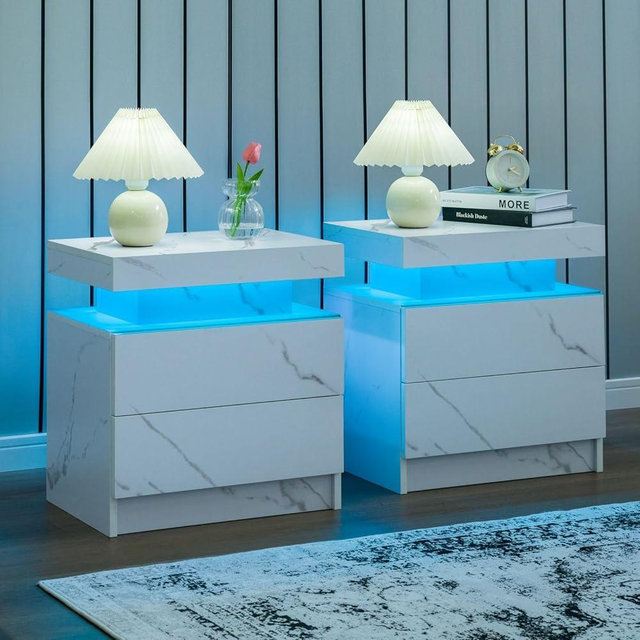 i-aplus Night Stand Set 2 LED Nightstand with 2 Drawers Bedside Table with LED Lights Side Tables for Bedroom Living Room