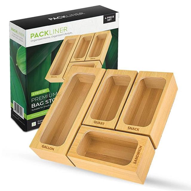 PACKLINER Bamboo Food Storage Bag Holder Organizer Boxes for Kitchen Drawers, 4 Pc. Set, Store and Organize Gallon, Quart, Sandwich, and Snack Plastic Bags, Space-Saving Box Design