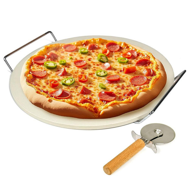 Rixordd 13" Pizza Stone Set with Stainless Steel Rack & Pizza Cutter – Thermal Shock-Resistant Baking Stone for Oven, Grill, BBQ, Even Heat Distribution, Compact Storage