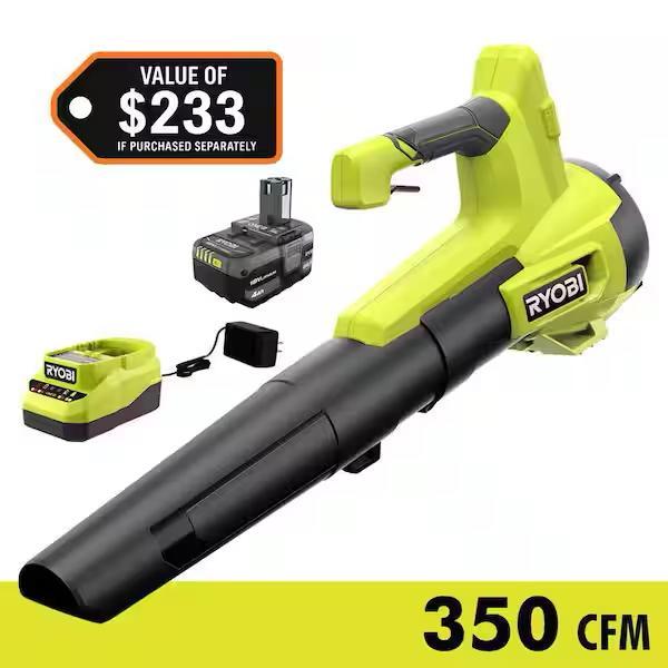 RYOBI ONE+ 18V 100 MPH 350 CFM Cordless Battery Variable Speed Jet Fan Leaf Blower with 4.0 Ah Battery and Charger PCLLB01K