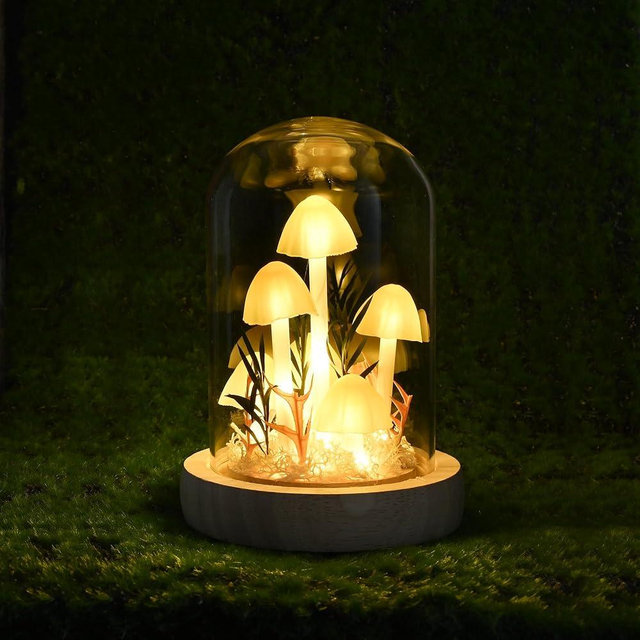 QUELIEN Mushroom Lamp Gifts for Women,Mushroom with LED Light in Glass Dome,for Home Decoration Living Room Office Bedroom Bathroom Kitchen （White）