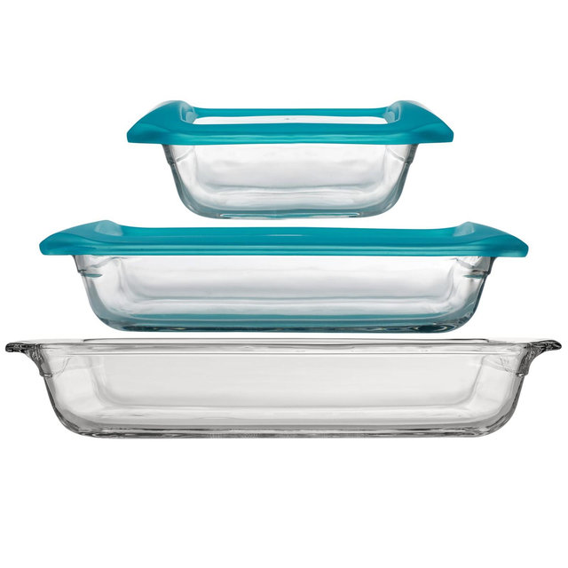 Libbey Baker’s Premium 5 Piece Glass Bakeware Set, Includes 10x14, 9x13 with Lid, and 8x8 with Lid, Stackable with GreatGrip™ Handles