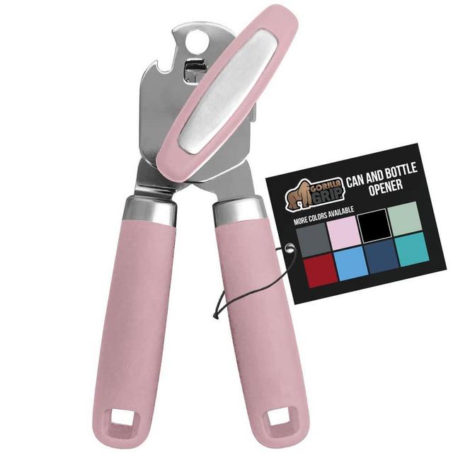 Gorilla Grip Heavy Duty Stainless Steel Smooth Edge Manual Hand Held Can Opener With Soft Touch Handle, Rust Proof Oversized Handheld Easy Turn Knob, Best Large Lid Openers for Kitchen, Pink