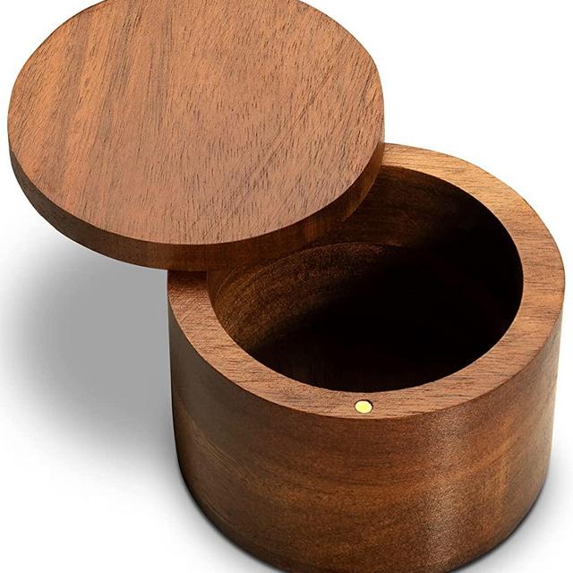 Acacia Wood Salt Box 3.5 inch. by 2.5 inch, Removable Magnetic Swivel Lid Round Salt, Pepper or spice Storage Box/ Cellar by HiveSun