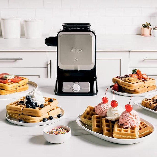 Ninja BW1001 NeverStick PRO Belgian Waffle Maker, Vertical Design, 5 Shade Settings, with Precision-Pour Cup & Chef-curated Recipe Guide, Black & Silver