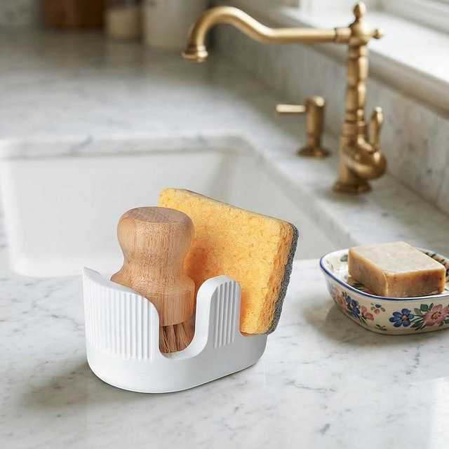 BekPooQ Diatomite Sponge Holder with 2 Slot Design – Quick Drying, Absorbent & Space-Saving Organizer for Kitchen Sponges, Scrubbers & Brushes – Keeps Sponges Dry and Countertop Clean, Bright White