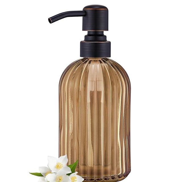 16 OZ Amber Glass Soap Dispenser, Amber Stripe Bathroom Hand Soap Dispensers with Stainless Steel Bronze Pump,Brown Glass Kitchen Hand Soap Dispenser with Oil Rubbed Bronze Pump