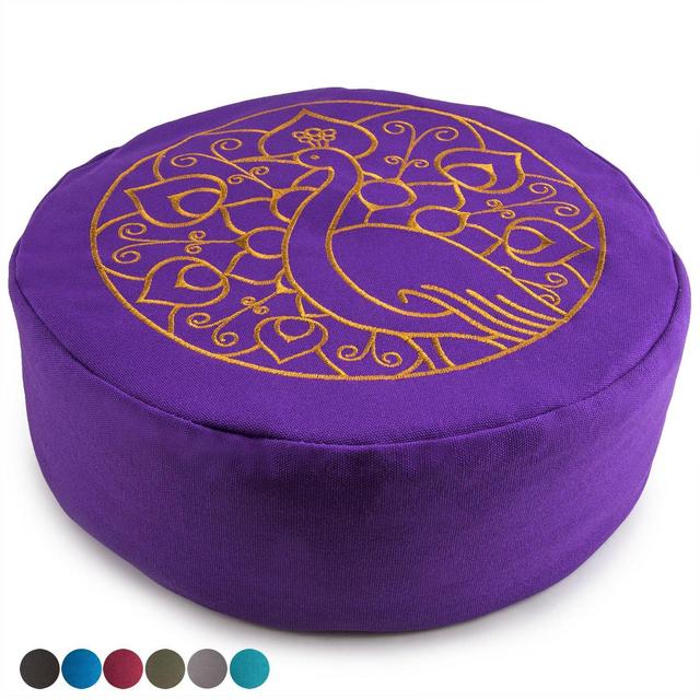 Peace Yoga Zafu Meditation Yoga Buckwheat Filled Cotton Bolster Pillow Cushion with Premium Designs - Peacock Purple 13” x 13” Inch
