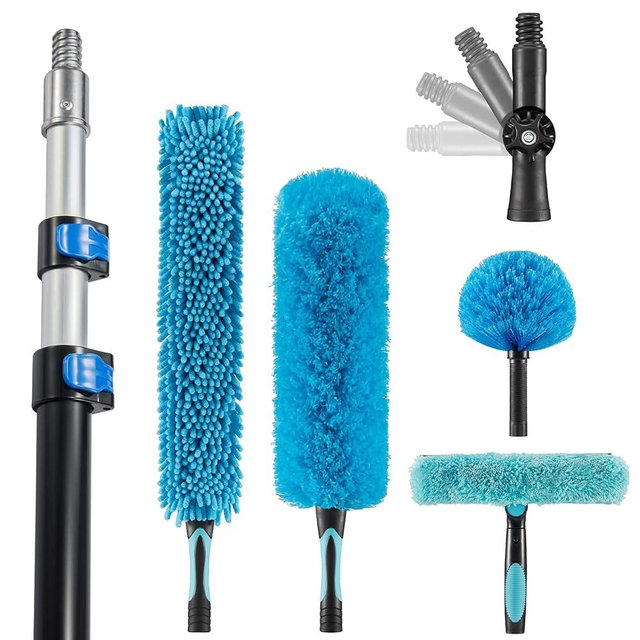 Hicavar 30 Foot High Ceiling Fan Duster with 6-18 Foot Extension Pole, Extendable Reusable Cobweb, Feather, Window Cleaning Squeegee Kit Blue