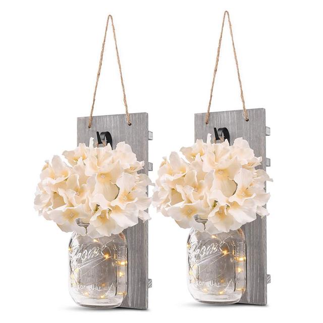 Gbtroo style - Mason Jar Sconce Rustic Wall Sconces, Rustic Home Decor,Wrought Iron Hooks, Silk Hydrangea and LED Strip Lights Design for Home Decoration (Set of 2)