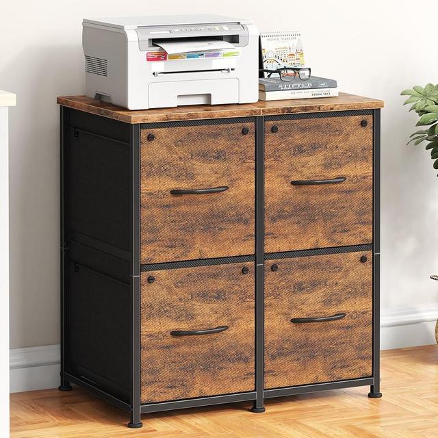 YAOHUOO Large Printer Stand with 4 Fabric Drawers, Printer Table for Home Office, Corner Printer Cabinet with Storage (Rustic Brown) 22"×14.3"