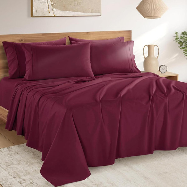 Casa Platino 100% Cotton Sheets King Size Set - 6 Pieces (1 Flat, 1 Fitted, 4 Pillowcases) - Soft & Breathable Percale Weave - Cooling Bed Sheets with Deep Pockets - King Sheet Set - Windsor Wine