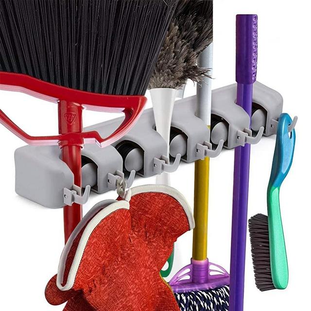 Mop Broom Holder, Multipurpose Wall Mounted Cleaning Supplies Organizer with 5 Positions 6 Hook, Ideal Broom Wall Rack Hanger for Garden Garage Storage Systems, Mounting Screws and eBook Included