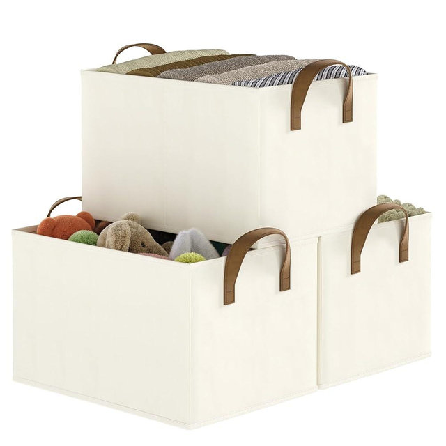 Coyacool Storage Bins for Shelves, 3-Pack Storage Baskets for Closet, Medium Linen Organizers and Storage Bins for Bedroom, Collapsible Baskets and Bins with Handles, Beige