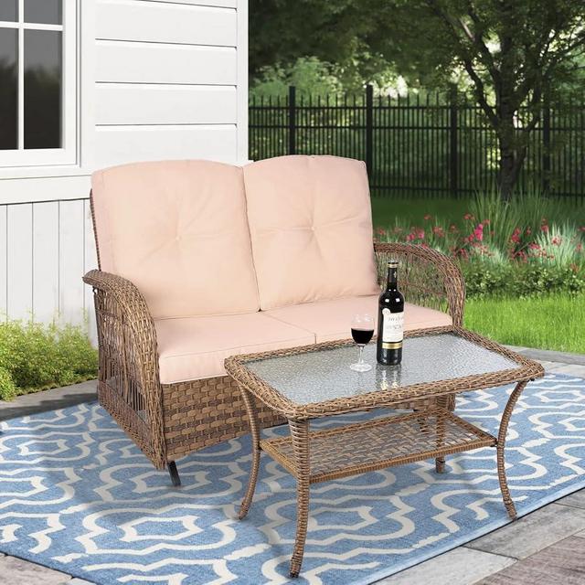 MEETWARM Outdoor Wicker Patio Glider Set, Loveseat for 2 Person Porch Furniture Glider with Glass-Top Coffee Table, Patio Glider Rocking Bench with Thickened Cushions