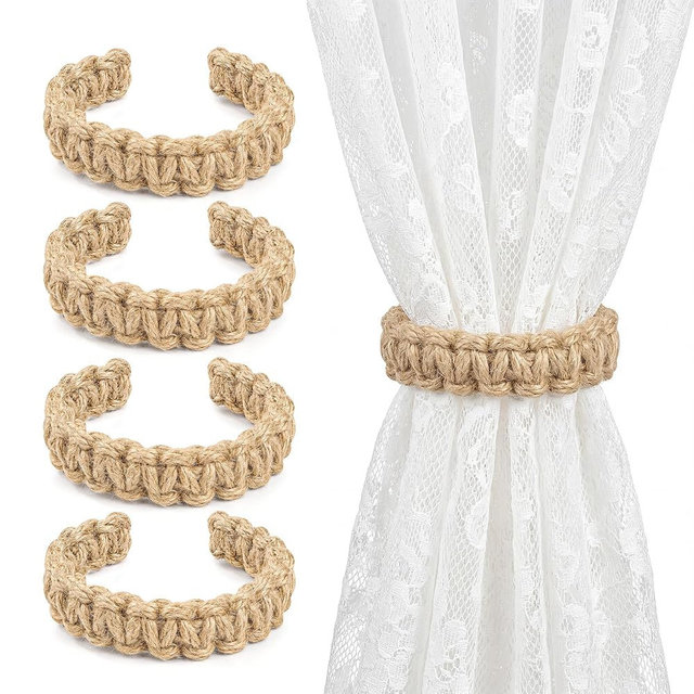 HOMEBROS Curtain Tiebacks, Boho Rustic Braided Curtain Holdbacks for Indoor Outdoor Curtains, Bendable and Adjustable, Brown, 4 Pcs