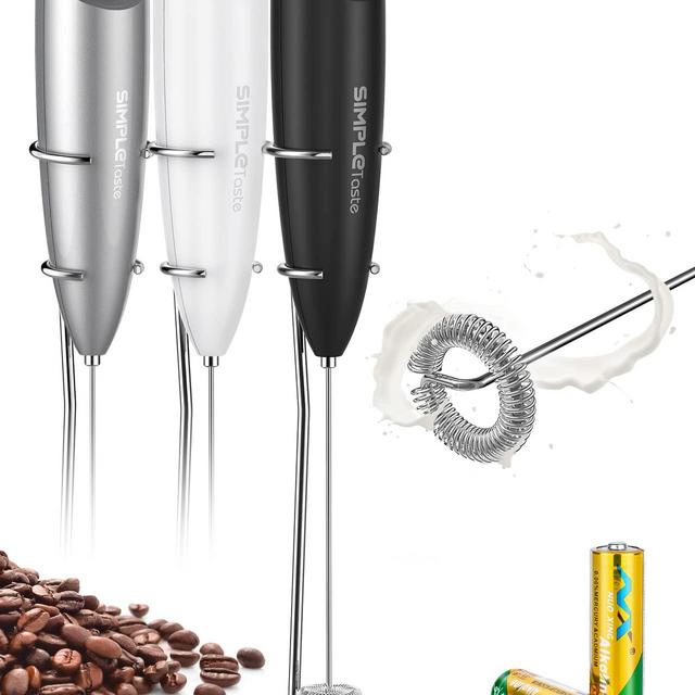 SIMPLETaste Milk Frother Handheld Battery Operated Electric Foam Maker, Drink Mixer with Stainless Steel Whisk and Stand for Cappuccino, Bulletproof Coffee, Latte, Silver/Black