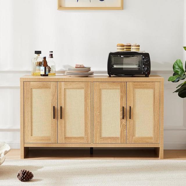 Mericonia Rattan Buffet Cabinet with Storage, Sideboard Cabinet with Doors and Adjustable Shelves, Farmhouse Coffee Bar Station Table, Modern Wood Cupboard for Kitchen, Livingroom and Dining Room