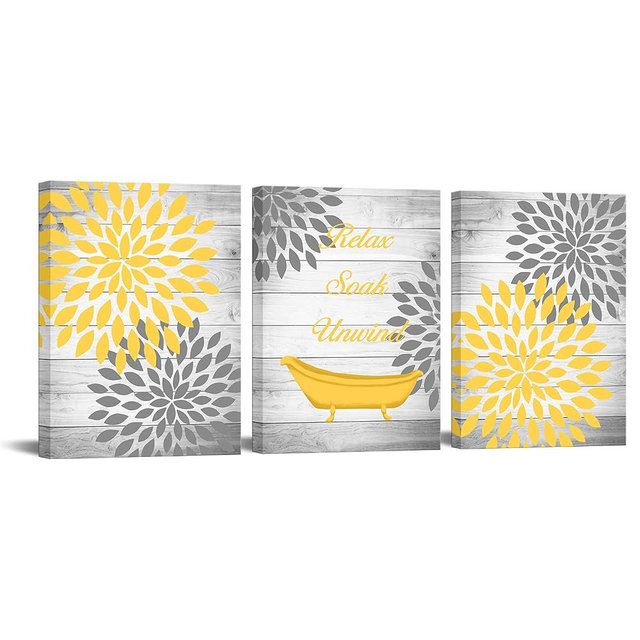 RyounoArt Yellow and Grey Bathroom Decor Yellow Bathtub Bathroom Accessories Wall Art Relax Soak Unwind Pictures Prints on Canvas 12 * 16 inch*3 pieces