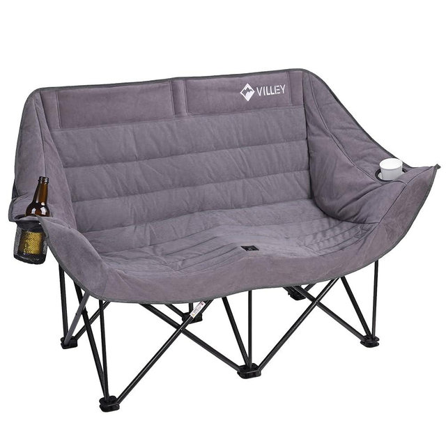 VILLEY Oversized Double Camping Chair, Heavy-Duty Folding Loveseat Camp Chair with Cup Holders, 2 Person Outdoor Chair Supports up to 900 lbs for Camping, Beach, Lawn & Sports, Grey