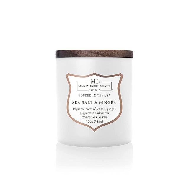 Manly Indulgence Sea Salt & Ginger Scented Jar Candle, Signature Collection, Wood Wick, White, 15 oz - Up to 60 Hours Burn