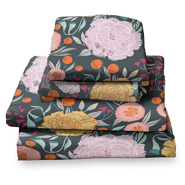 Where The Polka Dots Roam King Size Bed Sheets Vintage Floral on Gray Print 4 Piece Set │ Unisex, Flexible Microfiber, Durable, Wrinkle-Resistant Bedding │ Boys, Girls, Baby, Kids, Toddler, Teen