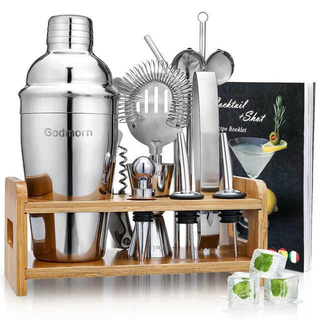 Cocktail Shaker Set Bartender Kit, Godmorn 15Pcs Bartender Shaker Set, 304 Stainless Steel Martini Shaker and Strainer, 550ml /19OZ Bar Tool Set With Bamboo Stand, Recipe Book, For Home And Bar