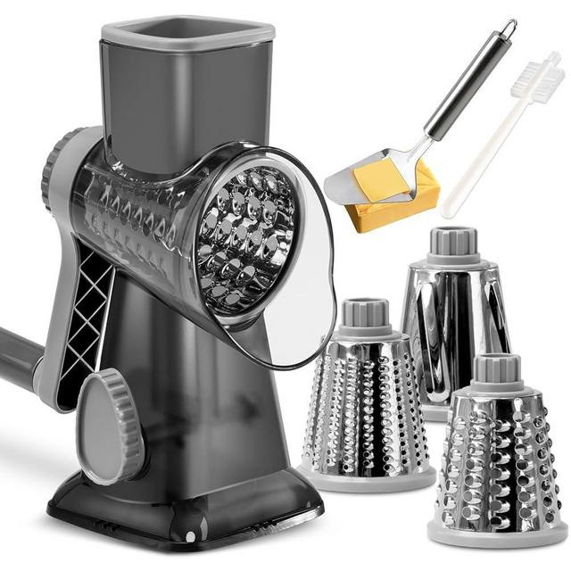 KEOUKE Rotary Cheese Grater with Handle Vegetable Cheese Shredder Slicer Grater for Kitchen 3 Changeable Blades for Cheese Potato Zucchini Nuts Chocolate (Dark Grey SP)
