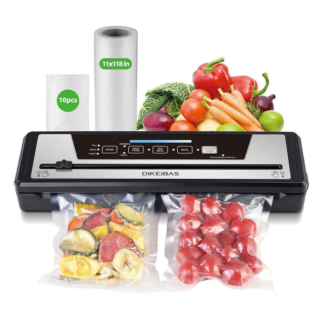 DIKEIBA Vacuum Sealer Machine with 10 Bags & 5m Roll | 85kPa Powerful Suction | Automatic Food Sealer for Sous Vide | Dry & Moist Modes | Compact with Built-in Cutter