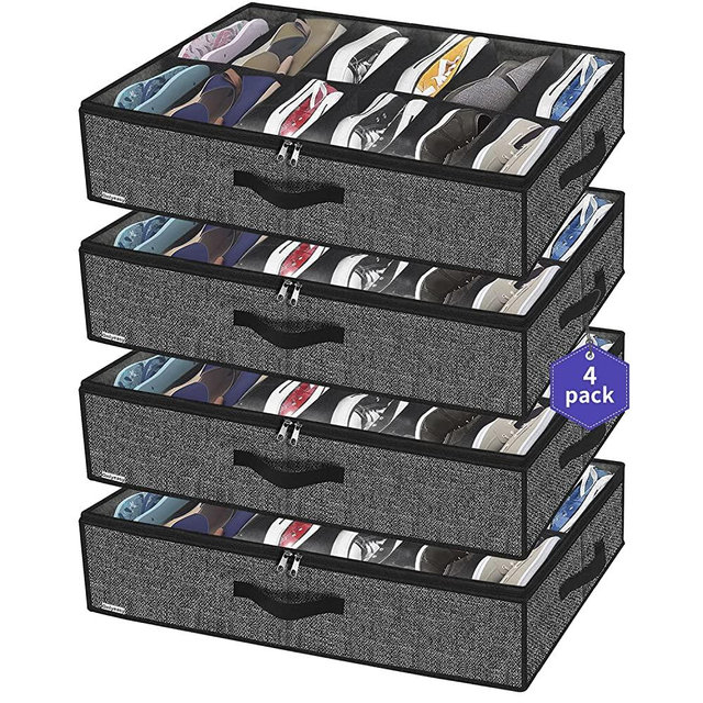 Onlyeasy Under Bed Shoe Storage Organizer For Closet, 4 Pack Fit 12x4 Pairs, Underbed Solution Shoes Container Bags with Sturdy Sidewall & Reinforced Handles, Breathable, Linen-like Black, MXAUBSB4P