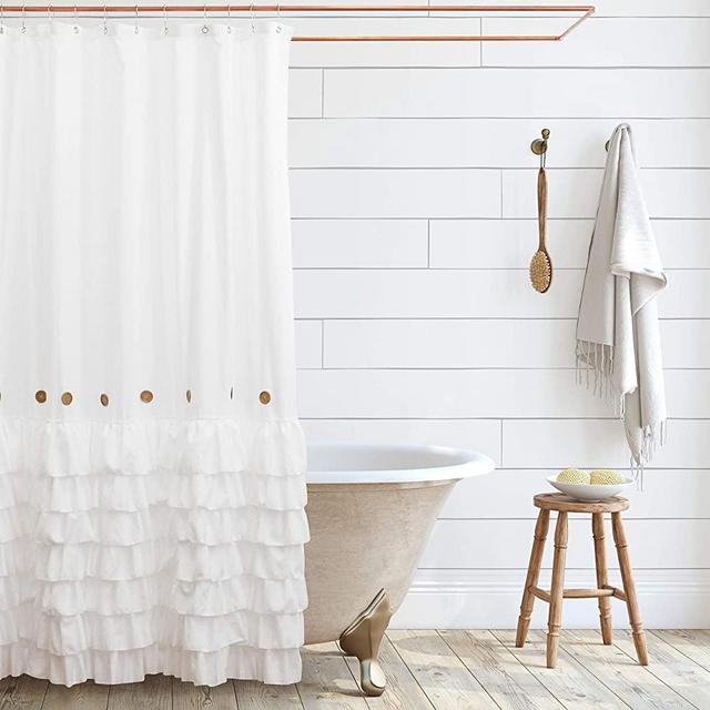 Shaina White Shabby Chic Shower Curtain 72 x 72 with Farmhouse Ruffles and French Country Style Buttons - Modern Farmhouse Shower Curtain Fabric (White)