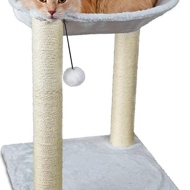 Paws & Pals 3-in-1 Cat Scratching Post w/Hammock & Toy | No-Effort Assembly, Sturdy Pressed-Wood w/Vegan Fur Carpet - Pet Bed Scratch Lounge Furniture Best for Kitten & Large Kitty Cats - Tall, Beige
