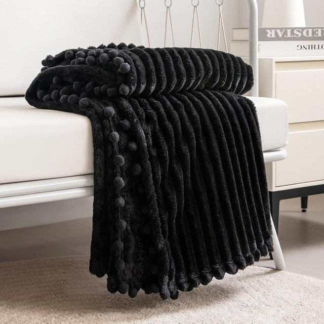 DISSA Fleece Blanket Twin Size – 60x80, Black - Soft, Plush, Fluffy, Fuzzy, Warm, Cozy – Perfect Throw for Couch, Bed, Sofa - with Pompom Fringe - Flannel Blanket
