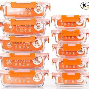 C CREST [10-Pack] Glass Food Storage Containers - Food Prep Containers with Lids - Microwave, Oven, Freezer and Dishwasher Safe