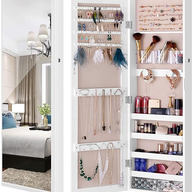 LUXFURNI Mirror Jewelry Cabinet Wall-Mount/Door-Hanging Armoire, Full Length Mirror Lockable Makeup Storage Organizer w/Cosmetic Box White