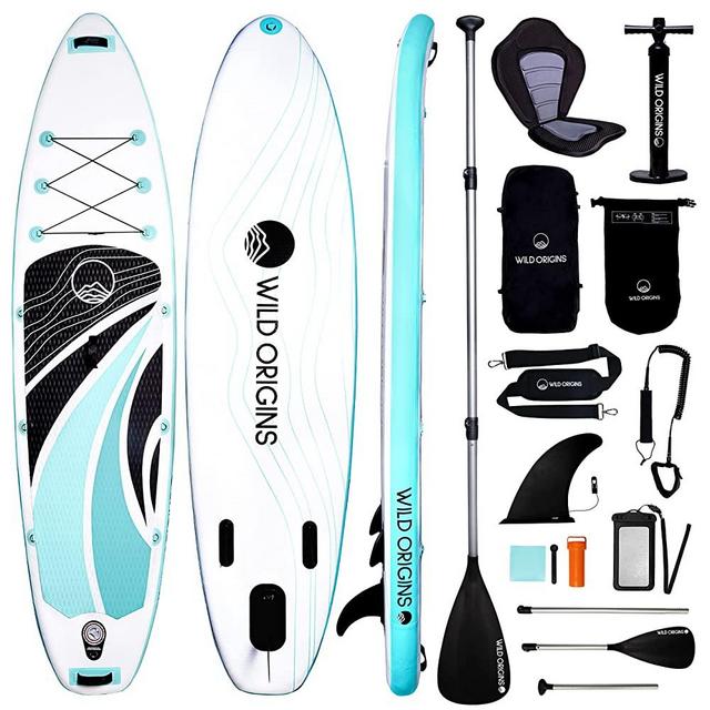 Wild Origins Stand Up Inflatable Paddle Board with SUP Accessories & Backpack, Non-Slip Deck, Waterproof Bag & Phone Case, Carry Straps, Adjustable Paddle, Hand Pump, Leash, Kayak Seat & Repair Kit