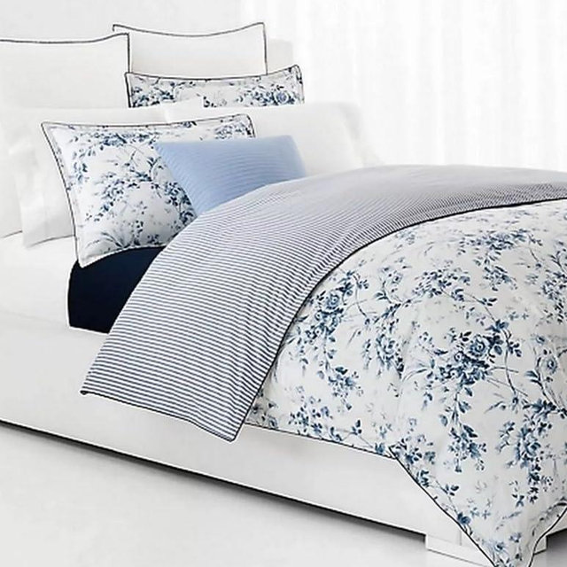 Lauren Ralph Lauren Full Queen Annie 3-Piece Comforter Set Blue Floral on White reverses to Blue Stripe