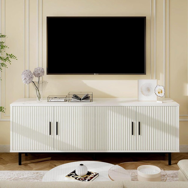 MUUEGM 70" Fluted TV Stand for TVs up to 80 Inches, Entertainment Center with Storage， Adjustable Shelf, Modern TV Console for Living Room and Bedroom, 70" W x 15.75" D x 25" H, White
