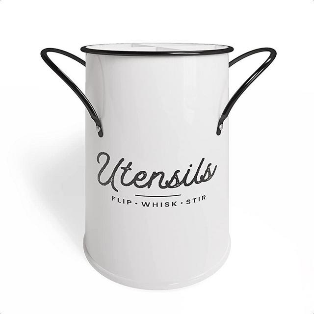 Barnyard Designs Metal Utensil Crock Holder, Country Farmhouse Countertop Kitchen Decor, Rustic Cooking Spoon and Storage Caddy Organizer, 5.5" x 6.5", White/Black