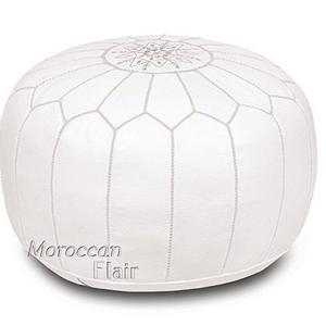 Stuffed Handmade Genuine Leather Moroccan Pouf, Ottoman (White)