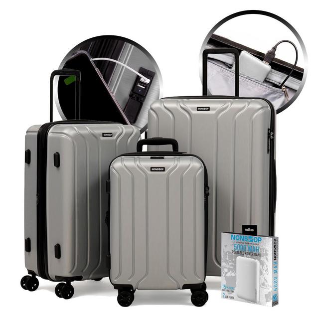 Nonstop New York 3 Piece Set 4-Wheel Luggage Set + PowerBank & 3 packing cubes, Silver