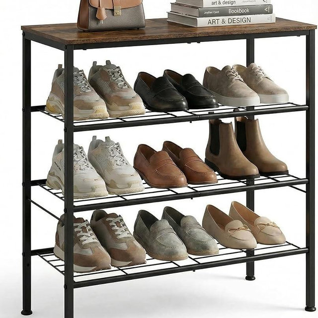 Tujurich 4-Tier Shoe Rack for Entryway, Bedroom & Living Room – Sturdy Shoe Storage Organizer with Adjustable Leveling Feet, Compact Design (26.9”x11.8”x25.1”), Rustic Brown