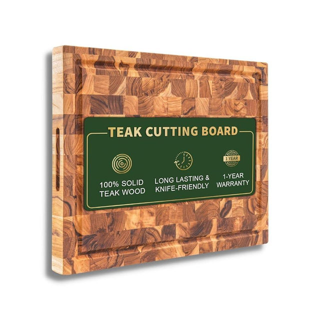 BEEFURNI Teak Wood End Grain Cutting Board, Wooden Cutting Boards for Kitchen with Juice Groove Hand Grip Medium, Gifts for Dad, Gifts for Mom, 1 Year Warranty (M,18 L x 14 W x 1.5 T inches)