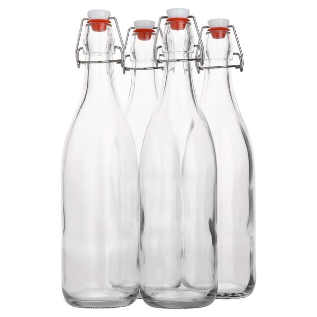 Flip Top Glass Bottle [1 Liter / 33 fl. oz.] [Pack of 4] - Swing Top Brewing Bottle with Stopper for Beverages, Oil, Vinegar, Kombucha, Beer, Water, Soda, Kefir - Airtight Lid & Leak Proof Cap - Clear